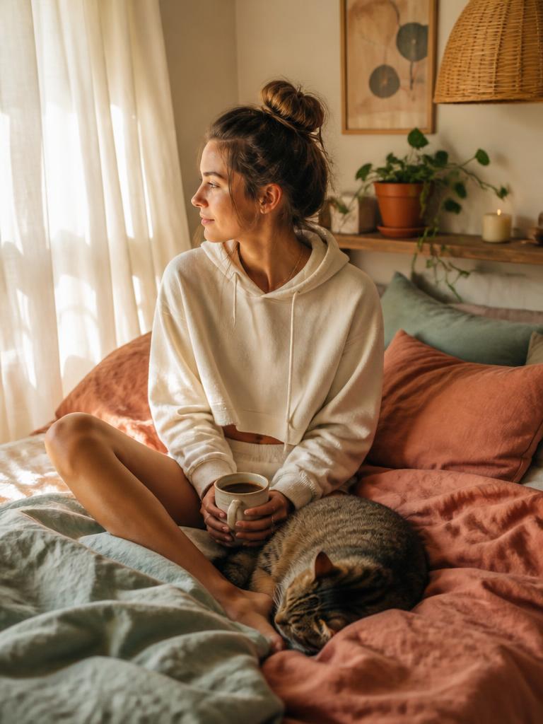 Woman wearing the Cat Mom Cropped Hoodie on a bed with terracotta and sea-foam linen bedding and a sleeping cat