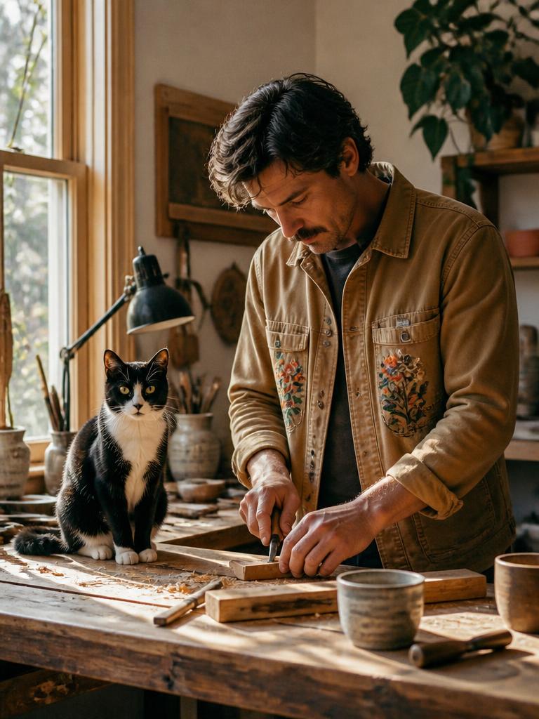 Man wearing the Embroidered Canvas Chore Jacket at a sunlit workshop bench with a tuxedo kitten