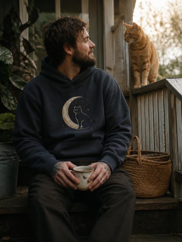 Man wearing the Moon Cat Heavyweight Hoodie on wooden porch steps with an orange tabby on the railing