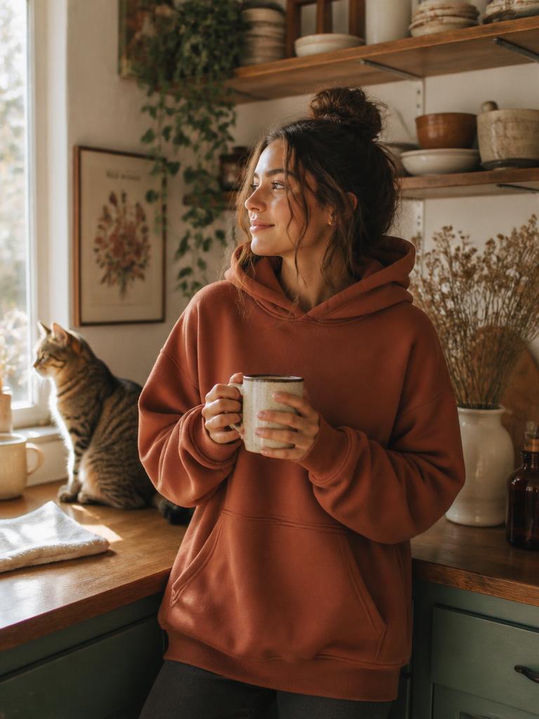 Woman wearing the Terracotta Heavyweight Hoodie holding a mug in a sunlit boho kitchen with a tabby cat