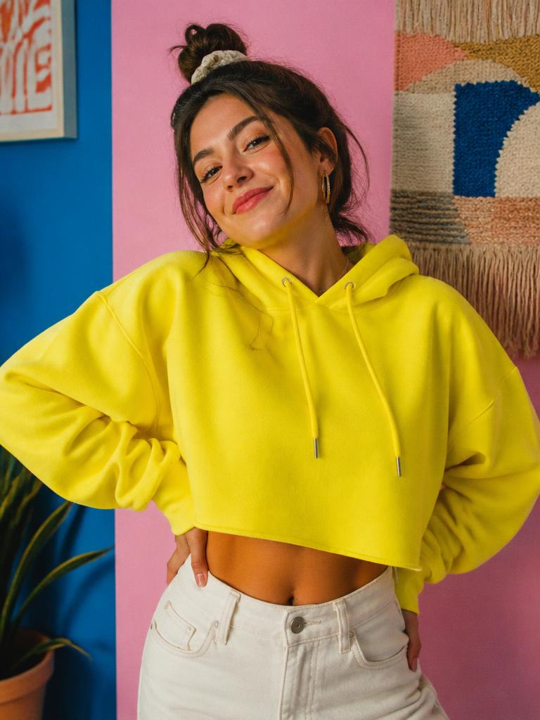Woman wearing the Zap Yellow Boxy Crop Hoodie against a bright studio wall with a woven wall hanging