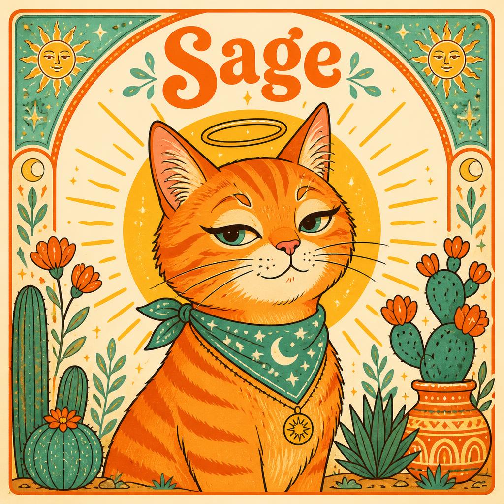 Sage, the haloed tabby mascot of Ninth Life Co